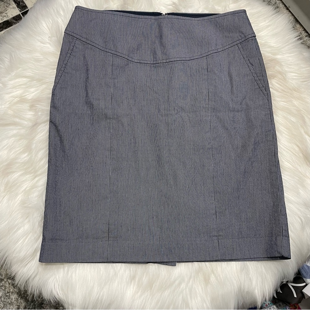 #0210 Banana Republic Navy & White Pinstripe Knee-Length Pencil Skirt Pockets-8